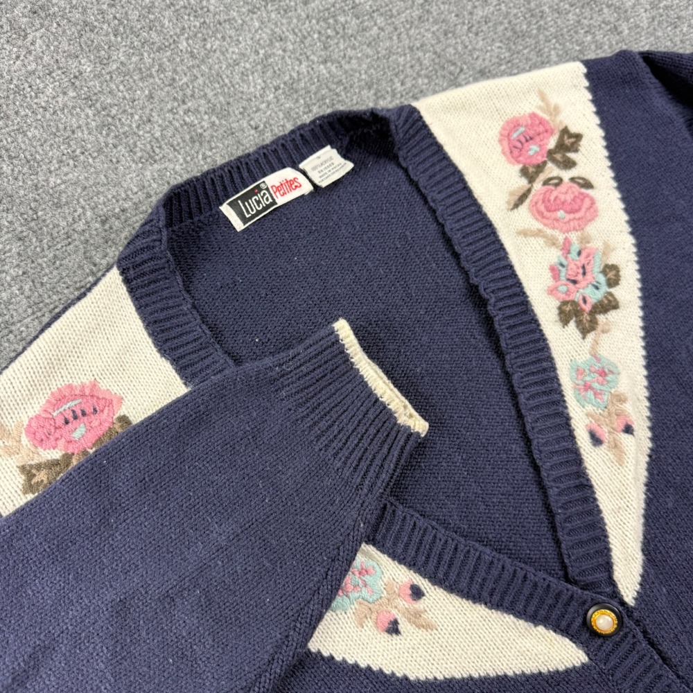 Lucia Petites Cardigan Sweater S Navy Blue Floral Embroidered V-Neck Women
